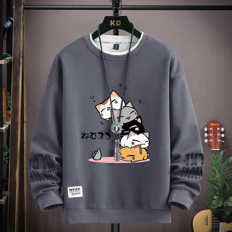 Spring mens sportswear Japanese cartoon cat print long sleeved T-shirt fashionable mens clothing khaki O-neck Harajuku top 2024 new item Y241016