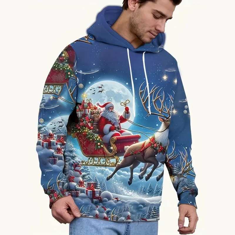 2025 Christmas Mens Hoodie Santa Claus Printed Long Sleeve Sweater Mens Casual Hoodie Loose Oversized Mens Wear Y241016
