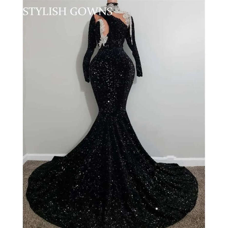 Long Prom Neck High Dresses For Black Girls 2023 Sequined Evening Dress Appliques Birthday Party Gowns With Full Sleeves 0627