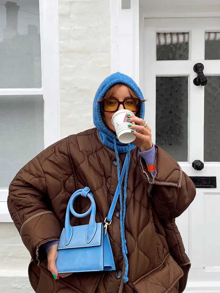 Elegant brown round neck cotton jacket womens casual long sleeved button pocket warm jacket new winter womens business jacket M241011