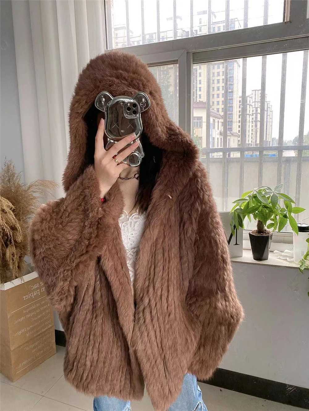 Real rabbit fur coat womens long knitted jacket real fur fashion coat 70cm long autumn and winter W241010
