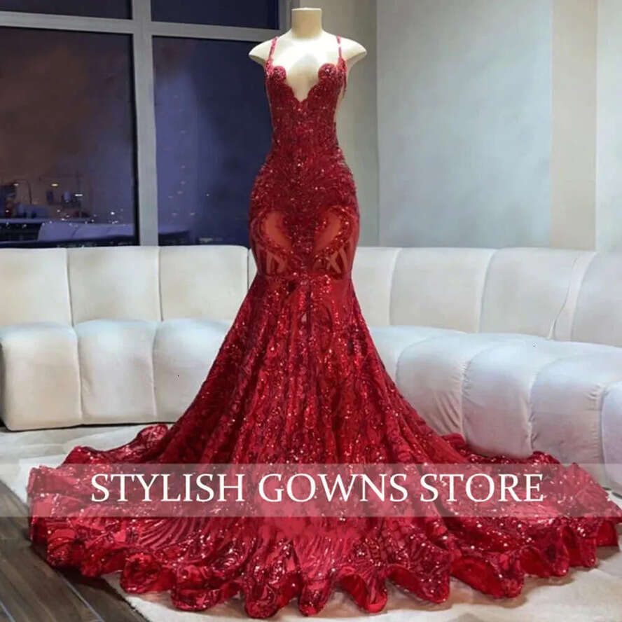 Prom Long Halter Red Dress For Black Girls Sparkly Sequined Birthday Party Dresses Feathers Formal Gown Mermaid Evening Es Mal