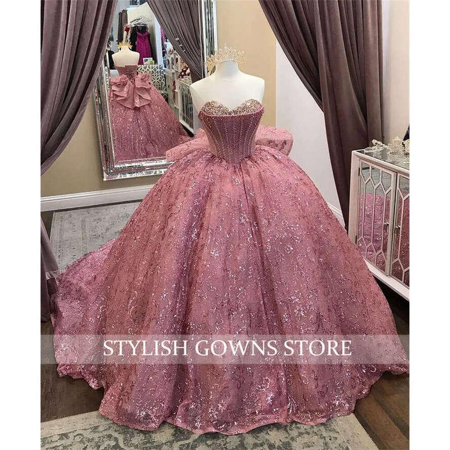 Beaded Quinceanera Pink Sparkly Dresses Ball Gown Sweetheart Rose Gold Sequins Sweet 16 Dress Lace-Up Prom Robe De Bal 0627 Dr0320