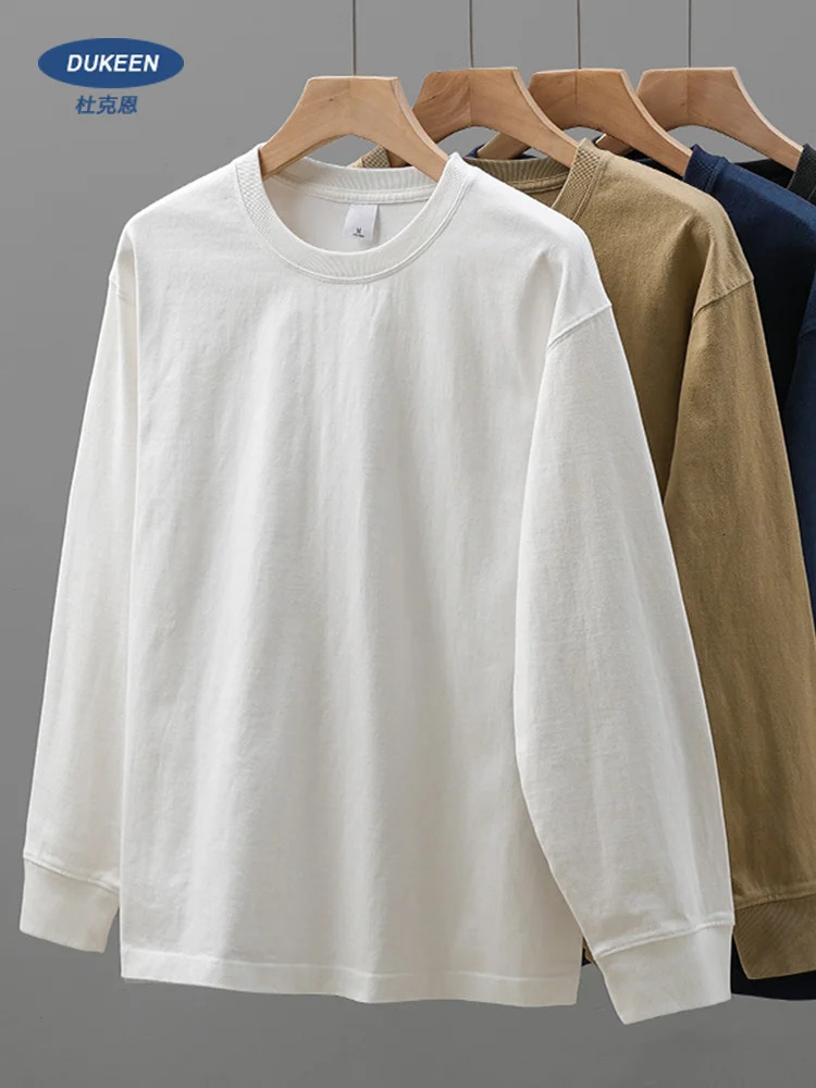 DUKEEN 320Gsm Heavy duty Mens Long sleeved T-shirt 100% Cotton Spring/Summer Loose Top Pure White Underwear T-shirt 241015