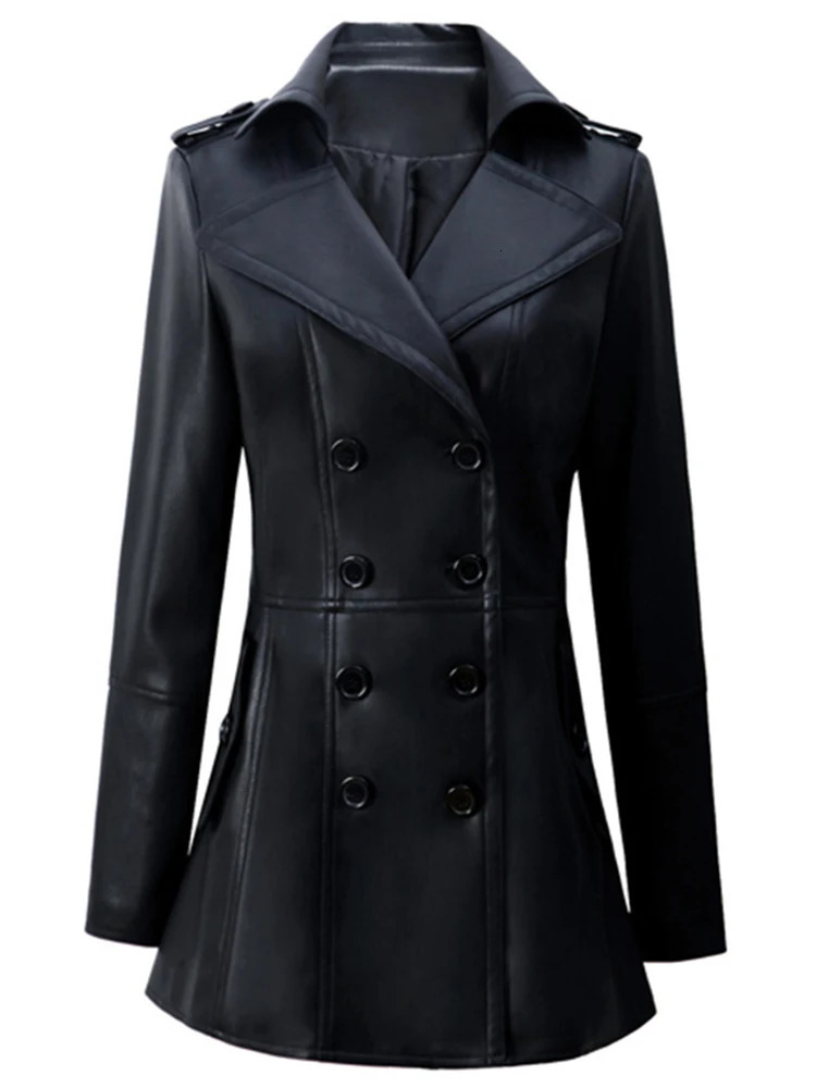 Nerazzurri British Style Brown Leather Trench Coat for Women Double Breasted Elegant Chic Fitted Soft Pu Leather Blazer 241015
