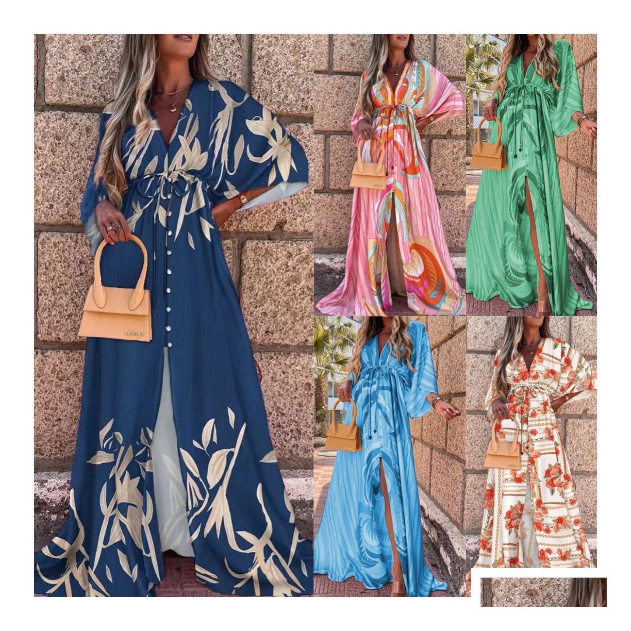 Basic Casual 2023 Springsummer New Y Vneck Lace Up Single Breasted Beach Dress For Women 230724 Drop Delivery Apparel WomenS Cloth Otf9M