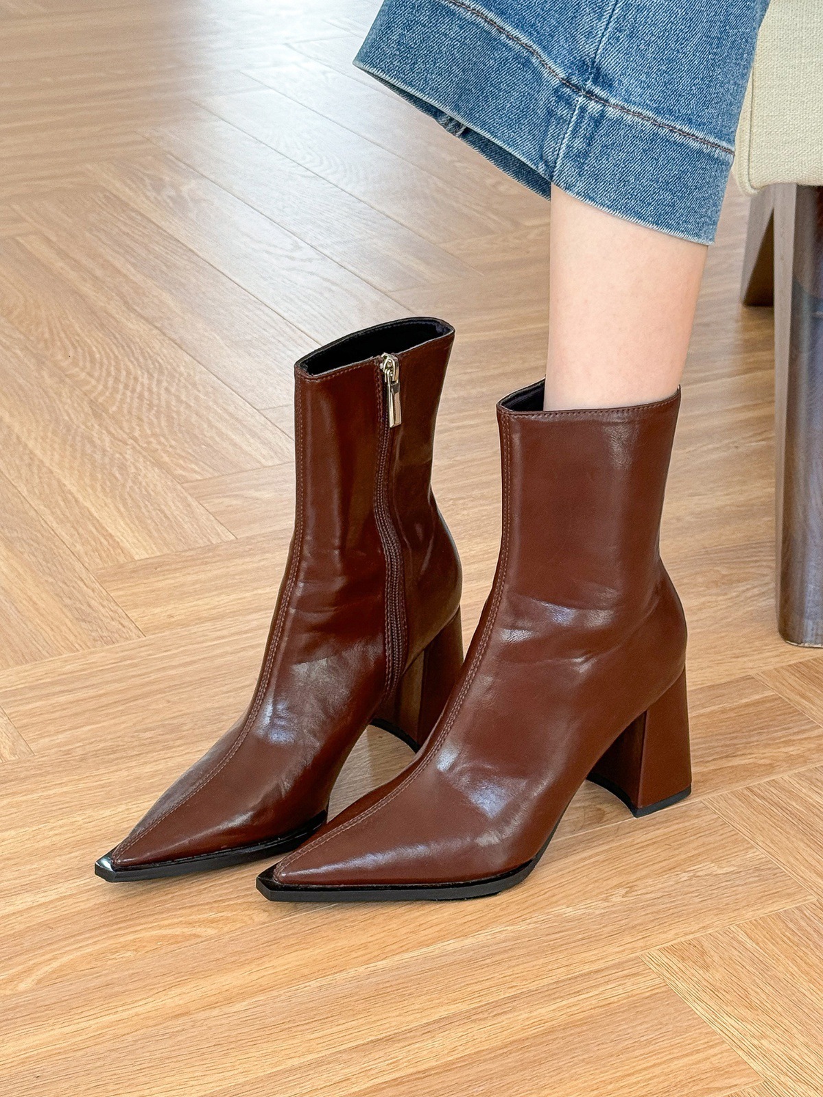 elegant brown pointed martin boots for women comfortable thick heels for everyday wear