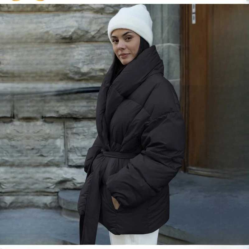 Womens winter jacket long sleeved pockets side office womens warm jacket black belt outerwear padded jacket womens parkas M241011