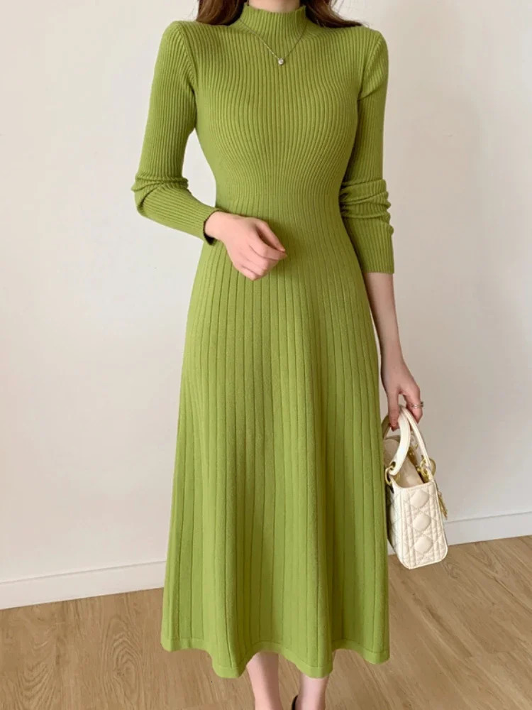 Autumn Winter 2024 Slim Long Sleeve Party Midi Dress for Women Knitted Half High Collar Elegant Knitted Sweater Dresses Ladies 241015