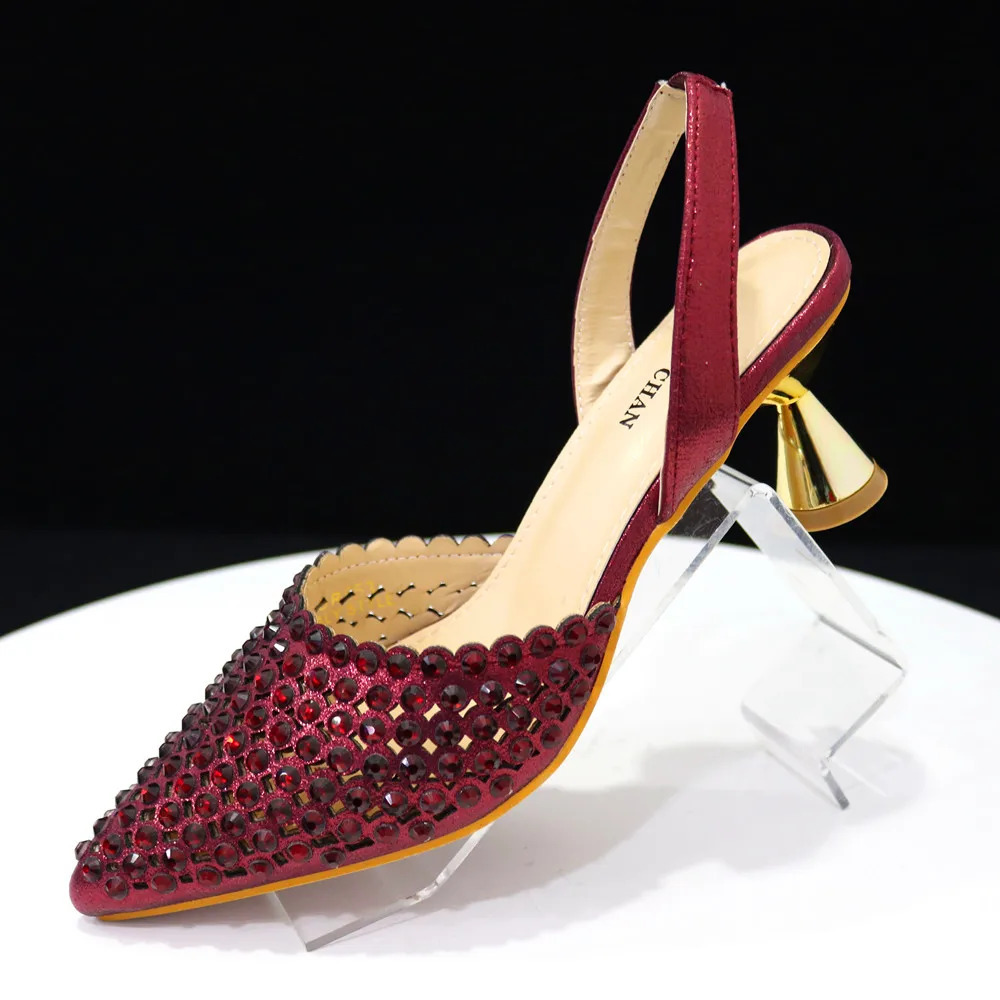Chan Pointed Womens Heel Elegant Party Wine Color Full Diamond Pump Italian Shoes and Bag Matching Set 241015bj
