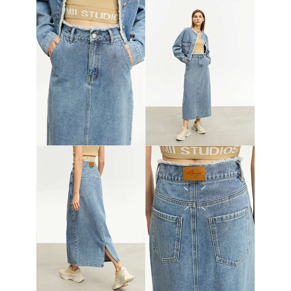 AMII Minimalist Denim Skirts For Women 2024 Autumn Jean Jacket Crew Neck Loose Coats Midi Skirt Casual Woman Clothing 12343096