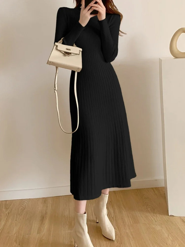 Autumn Winter 2024 Slim Long Sleeve Party Midi Dress for Women Knitted Half High Collar Elegant Knitted Sweater Dresses Ladies 241015