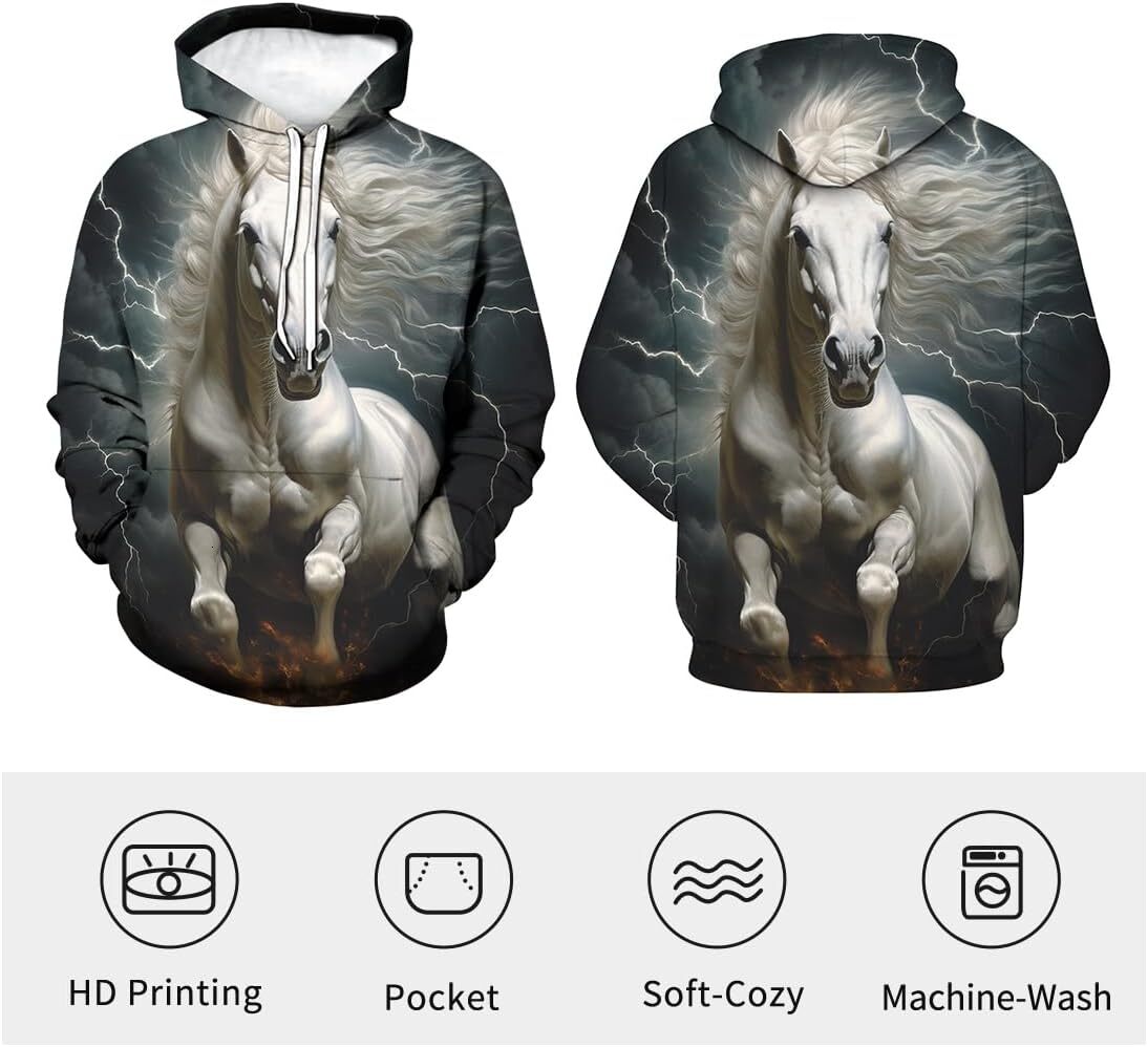 Hoodie for Mens Womens Mens Novelty White Horse Hoodies 3D Pattern Printed Animal Long Sleeve Sweatshirt Hoodie Graphic Hoodies sweatshirt