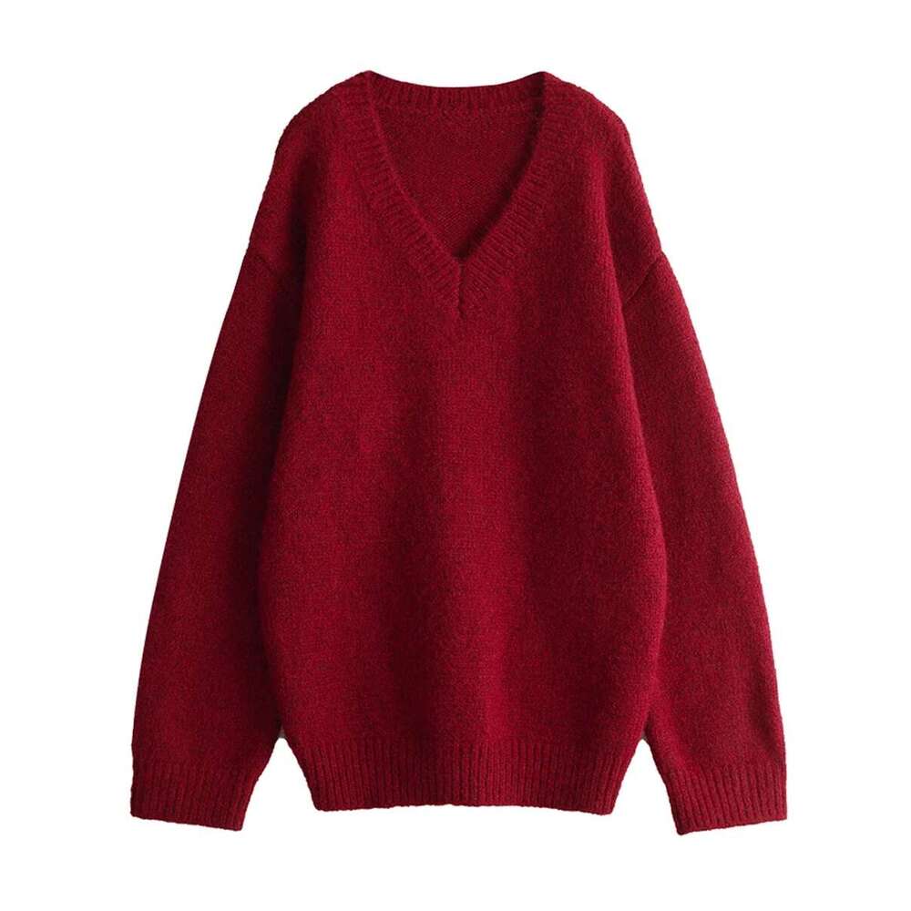 CHIC VEN Women Sweaters Loose Pullovers New V-Neck Knitwear Red Knitted Jumpers Female Top Fashion Woman Autumn Winter 2023