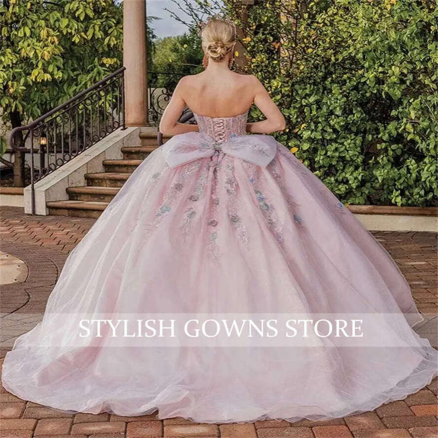 15 Years Sweetheart Pink Quinceanera Dress Appliques Ball Beaded Bow Girl Gradustion Dresses Sweet 16 Party Gown Vestidos 0627 es