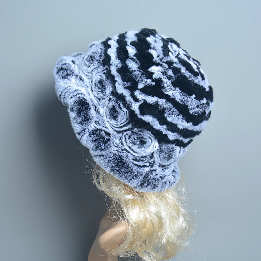 Female Natural Knitted Real Rex Rabbit Fur Cap Winter Warm Genuine Fur Beanies Hats Russian Women Floral Striped Real Fur Caps 241009