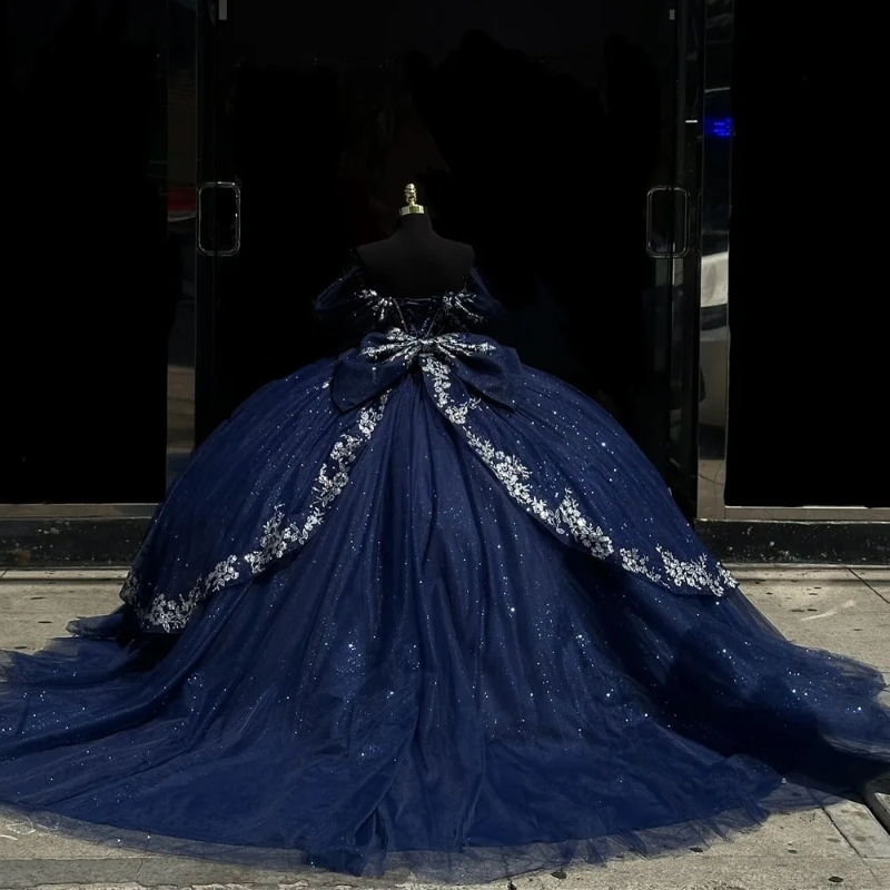 Sparkly Navy Blue Quinceanera Dresses Ball Gown Off the Shoulder Sier Lace Applique Beaded Tull Corset Sweet 16 Dress Vestidos De 15 Anos