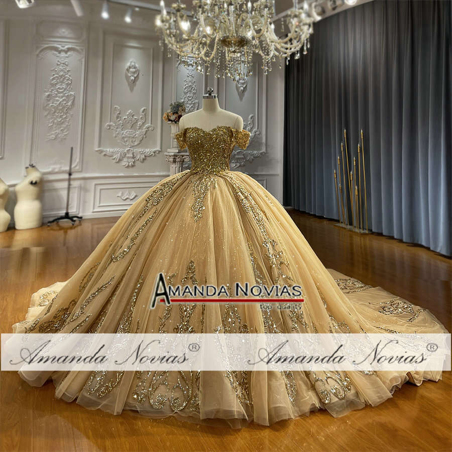 Amanda Novias Golden Off Shoulder Lace Wedding Dress