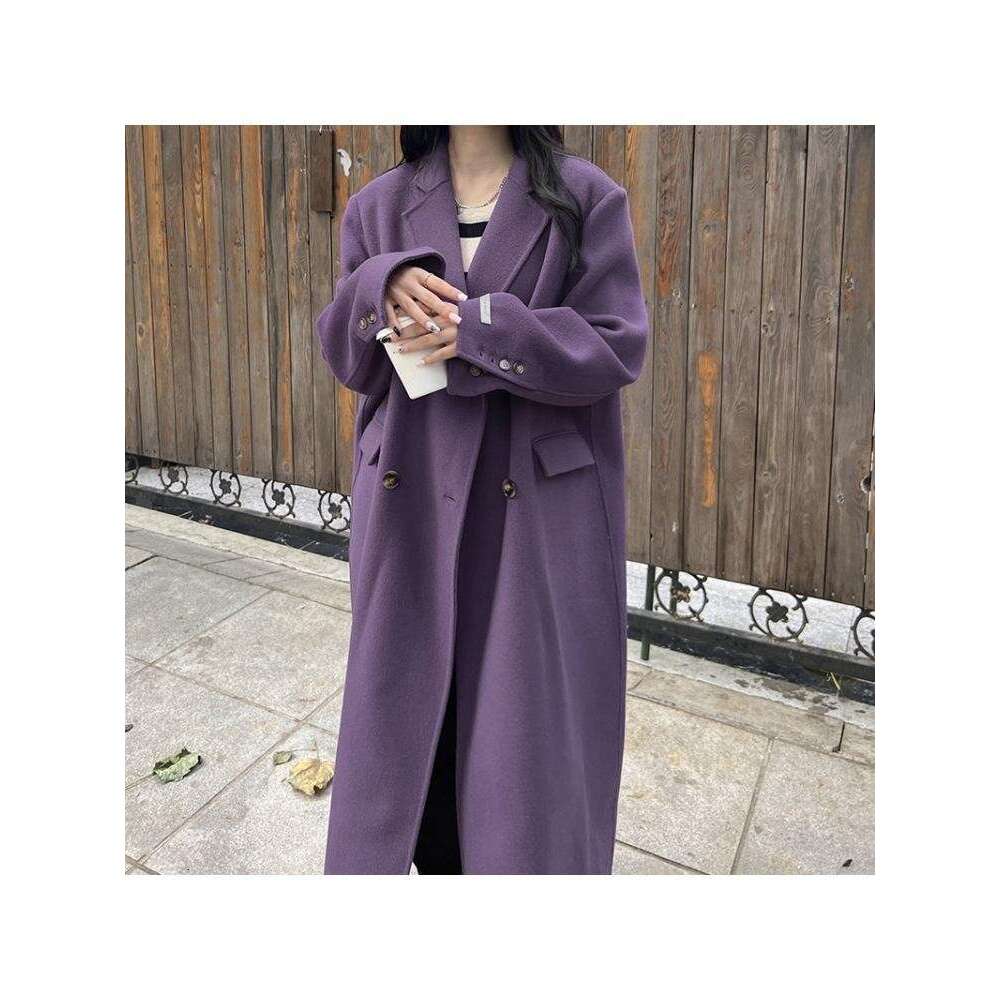 2022 Winter Double Breasted Long Handmade 100% Wool Coat Women Korean Style High End Suit Collar Loose Woolen Jacket Overcoat