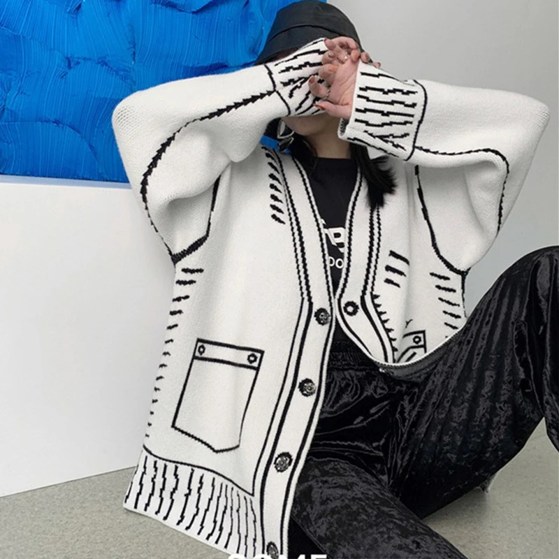Print Graffiti Cardigan Women Long Sleeve Top Y2K Loose Vneck Sweater Autumn Winter Streetwear Knitted Female Cardigans Coat y241009