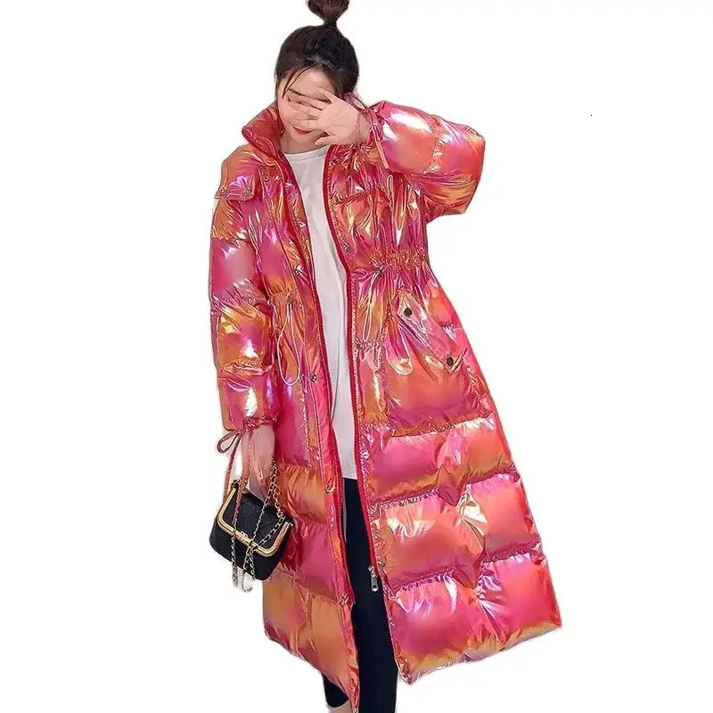 Winter Glossy Down Jacket Womens Thicken Down Cotton Hooded Coat Windproof Rainproof Warm Parka Long Overcoat Female 241008