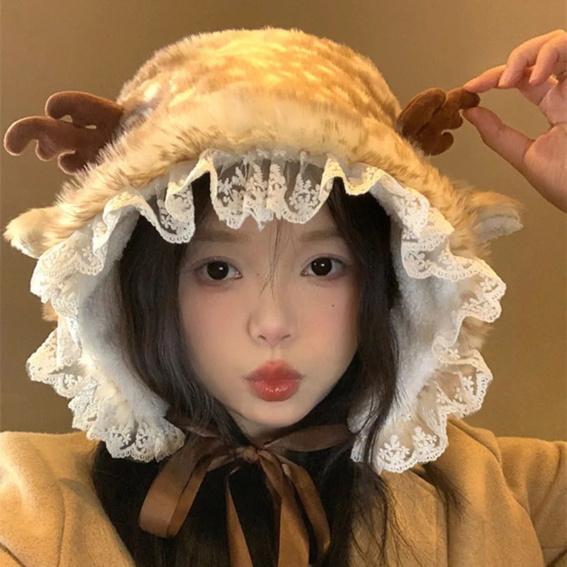 Cute Faux Fur Earflap Caps With Lace Women Christmas Moose Reindeer Warm Ski Hat Men Winter Deer Antler Warm Beanie Christmas 241009