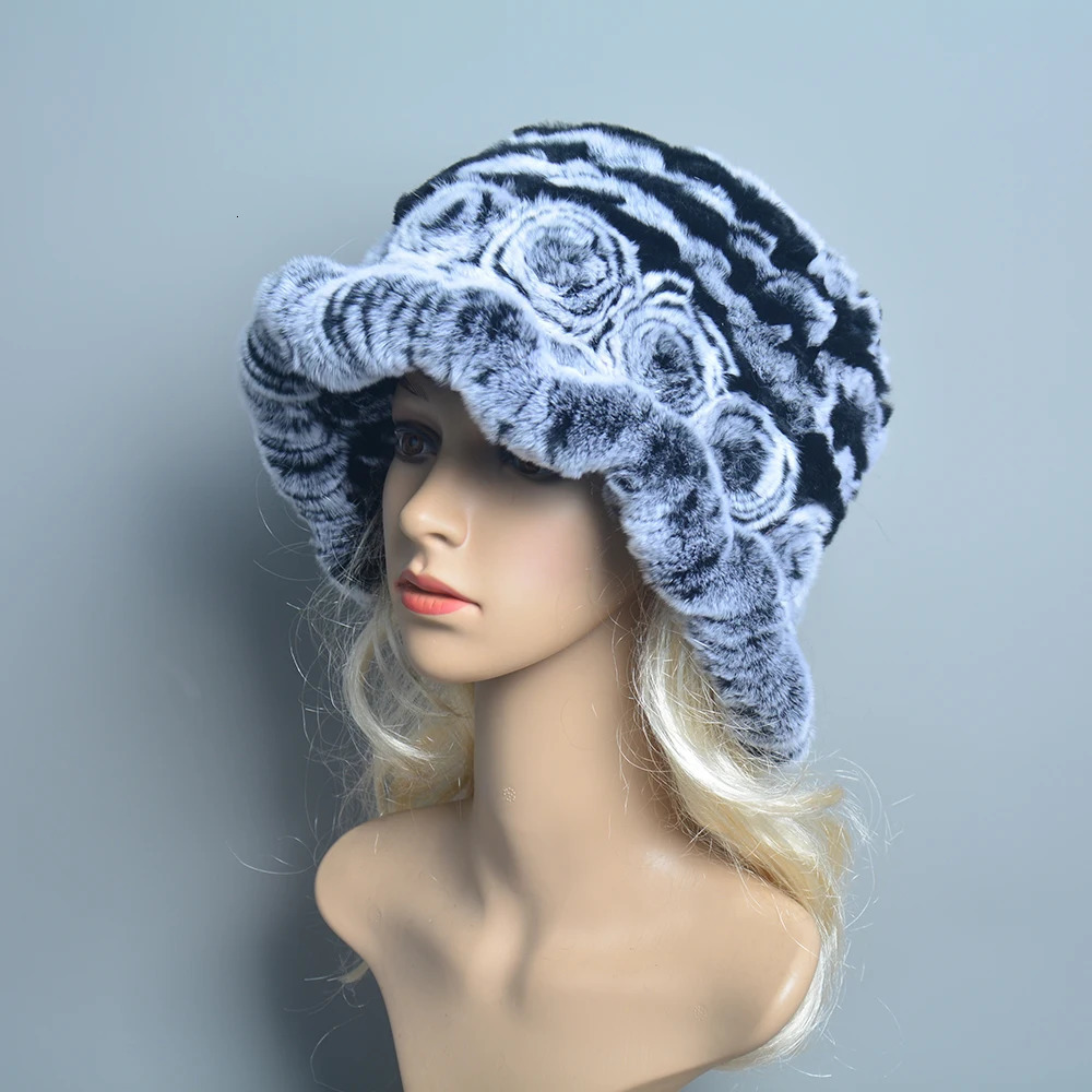Female Natural Knitted Real Rex Rabbit Fur Cap Winter Warm Genuine Fur Beanies Hats Russian Women Floral Striped Real Fur Caps 241009
