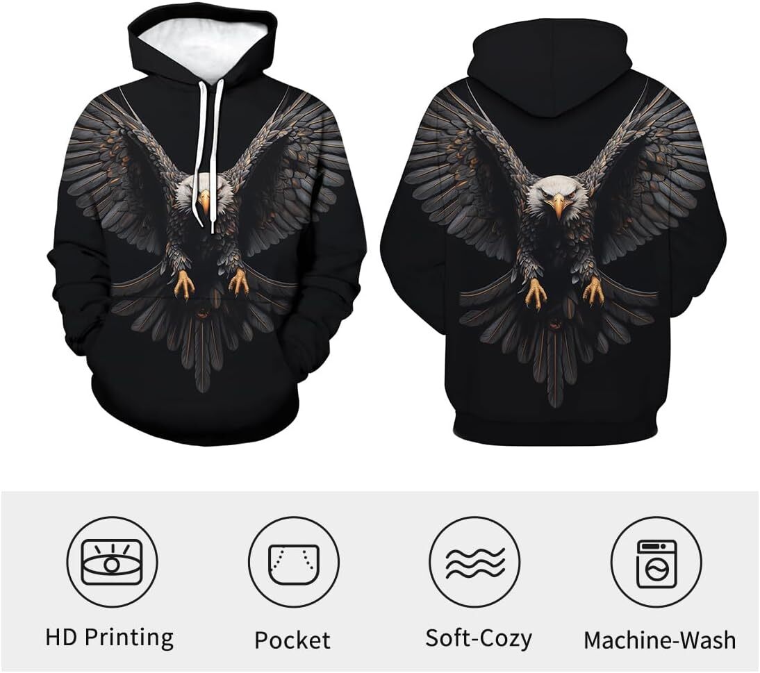 Hoodie for Mens Womens Unisex Funny Bald Eagle Flag Hoodie For Men 3D Printed Vintage Pattern Long Sleeve Pullover Hoodies Clothing Graphic Fashion