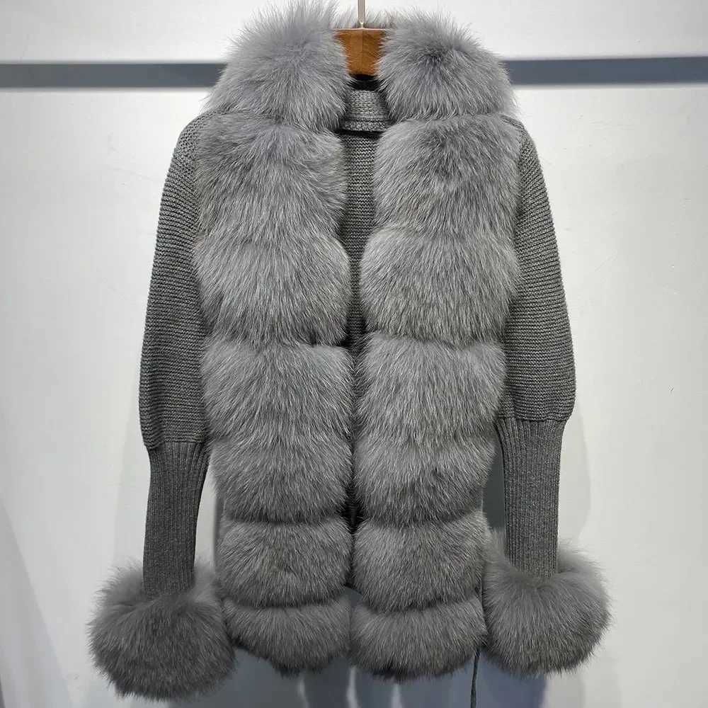 Hot Sales Lady Knitwear Autumn Winter Sweater Women Real Fox Fur Coat Knitted Cardigans with Natural Fur Fashion StreetwearX241016