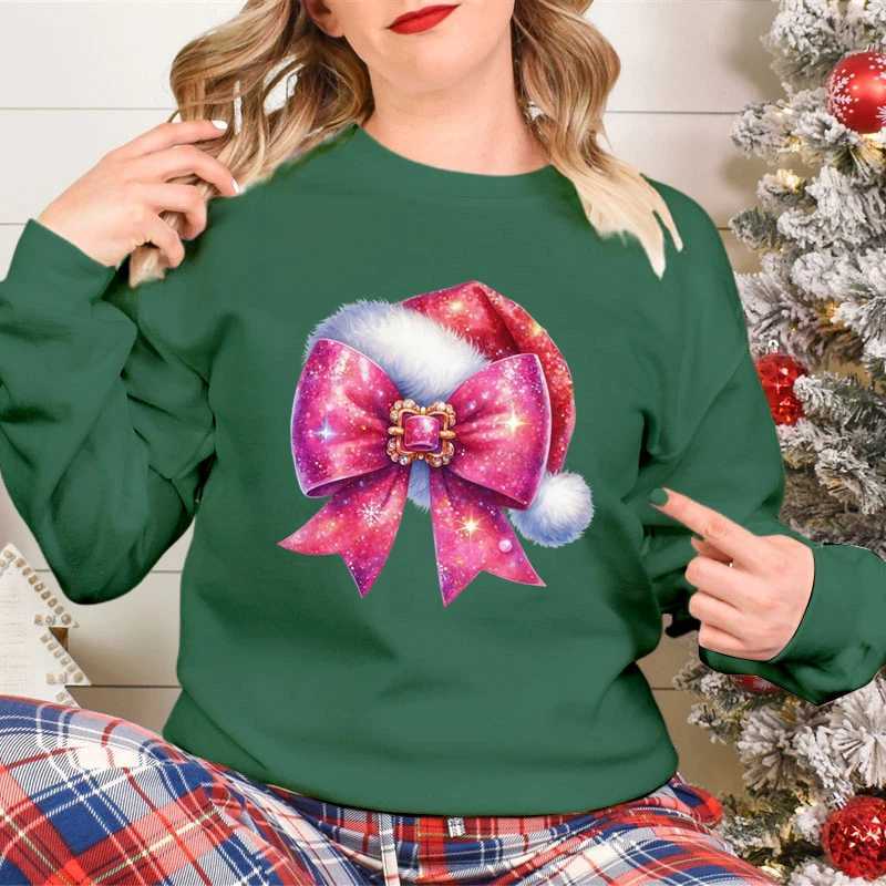 Fashionable womens Christmas sweater fashionable Christmas bow design cartoon sweater Christmas hat Christmas season classic hoodie Y241016