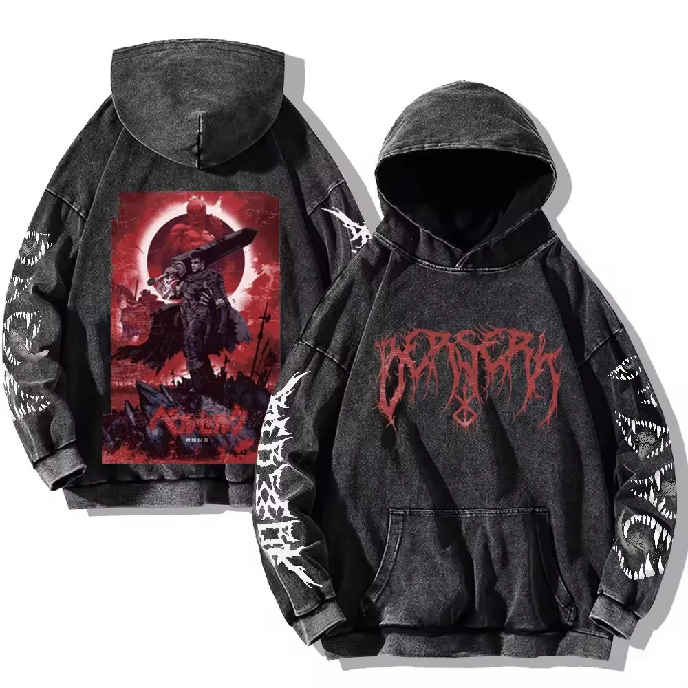 Mens Berserk Hoodies Gothic Print Vintage Washed Hoodie Hip Hop Streetwear Cotton Sweatshirts Harajuku Casual Hooded Pullover 241016