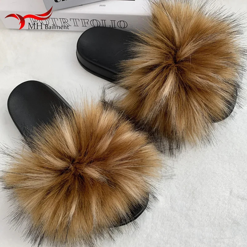 Faux Fur Slippers Women Soft Home Furry Fluffy Sandals Female Casual Flops Slides Winter Warm Flat Shoes Plus Size 36-45 241008