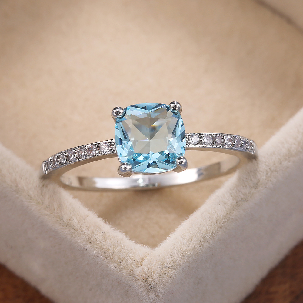 Solitaire ring for women zircon royal blue square diamond ring fashionable simple engagement ring platinum designer crystal wedding ring