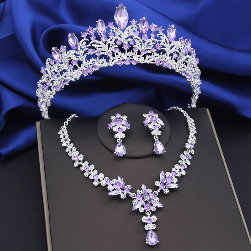 Purple Crystal Bridal Jewelry Sets Women Tiaras Bride Necklace Earrings for Wedding Crown Jewelry Set Prom 241016