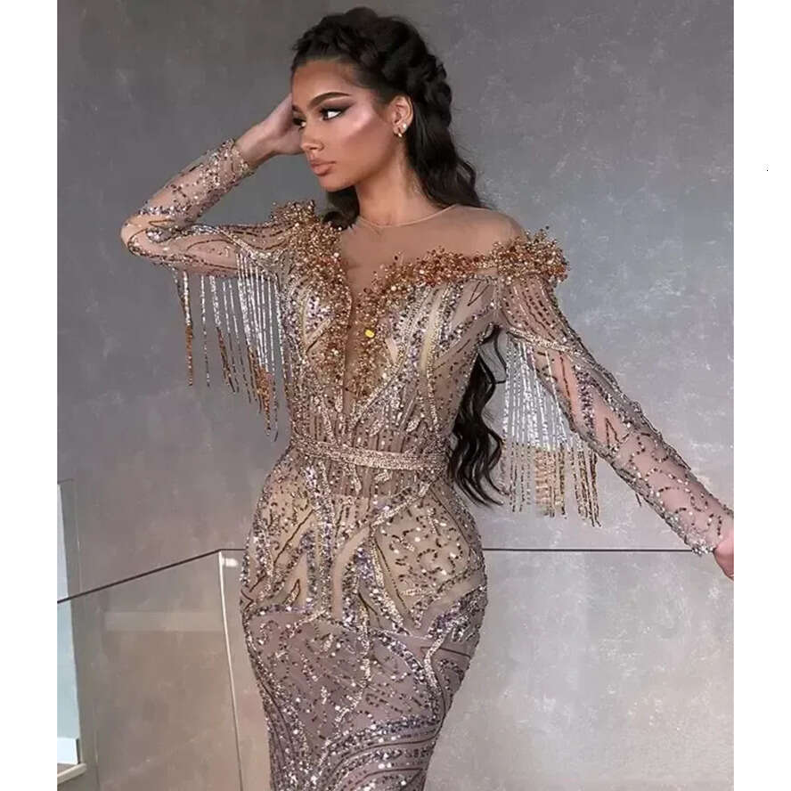 Jewel Mermaid Evening Sheer Neck Beaded Sequins Tassel Prom Drs Long Sleev Illusion Sweep Train Formal Party Gowns 0604