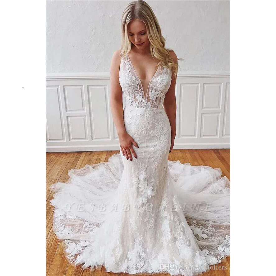 Dresses Mermaid With Elegant Removable Train Lace V Neck Sexy Backless Bridal Wedding Gowns Plus Size Bc