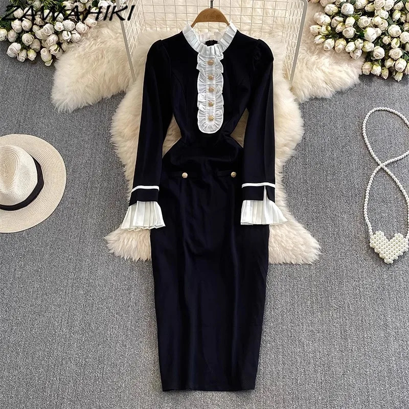 Evening Dress for Women Patchwork Pleated Button Vestidos Contrast Color Flare Sleeve Femme Robe Temperament Ropa Mujer 241007