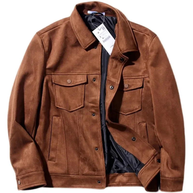 Mens Suede Jacket Vintage Lapel Multi Pocket Cargo Coat High Quality Spring Autumn Casual Jackets Top Male 241015