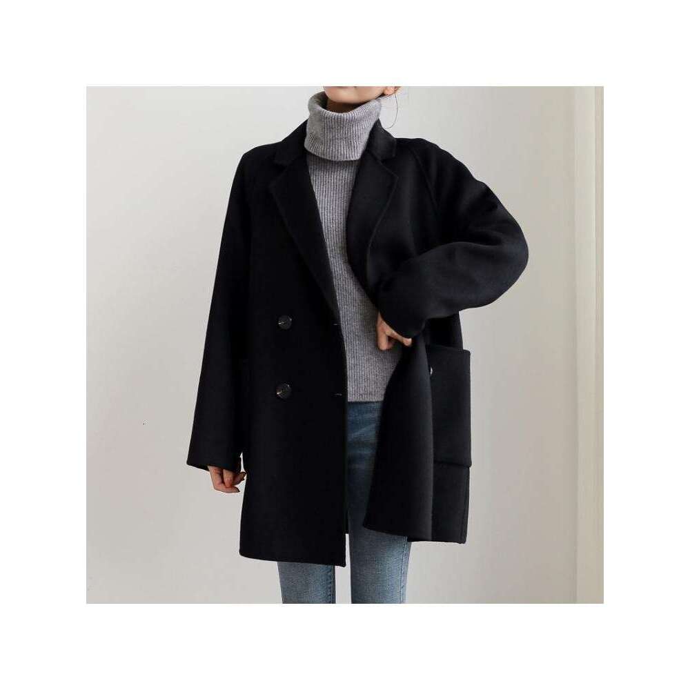 2022 Autumn Korean Style Double Breasted Simple Black 100% Wool Coat Women Long Loose Suit Woolen Overcoat Jacket