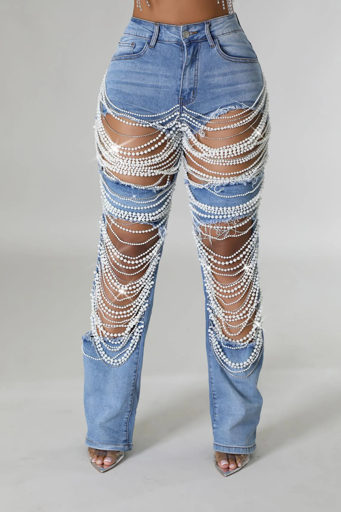Beachapche Fashion Big Hole Rhinestone Chain Pearls Street Jeans Female Washing Denim Trousers Women Vintage Pocket Straig