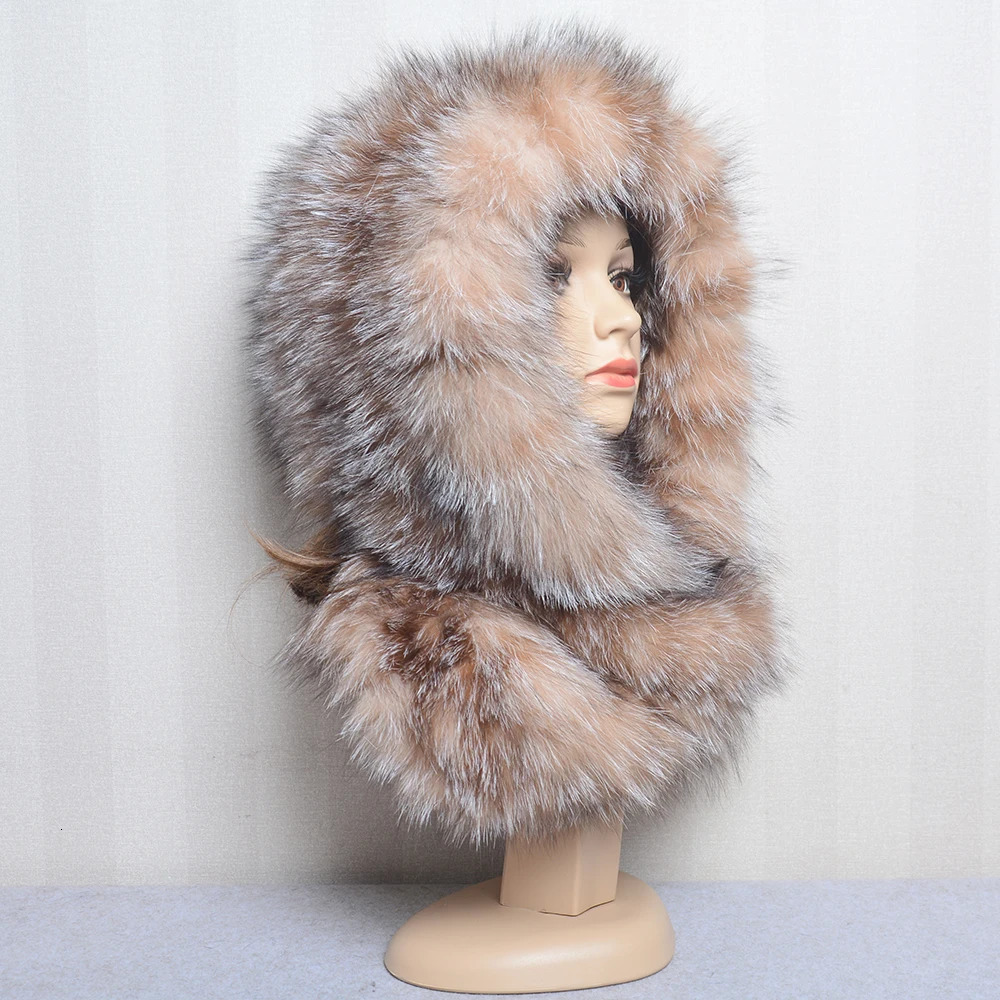 Fox fur hood Volume Hats For Women Winter Warm Novelty Knitted Fur Scarf Hat Stylish Fashionable Genuine Large Female Fur Hat 241009