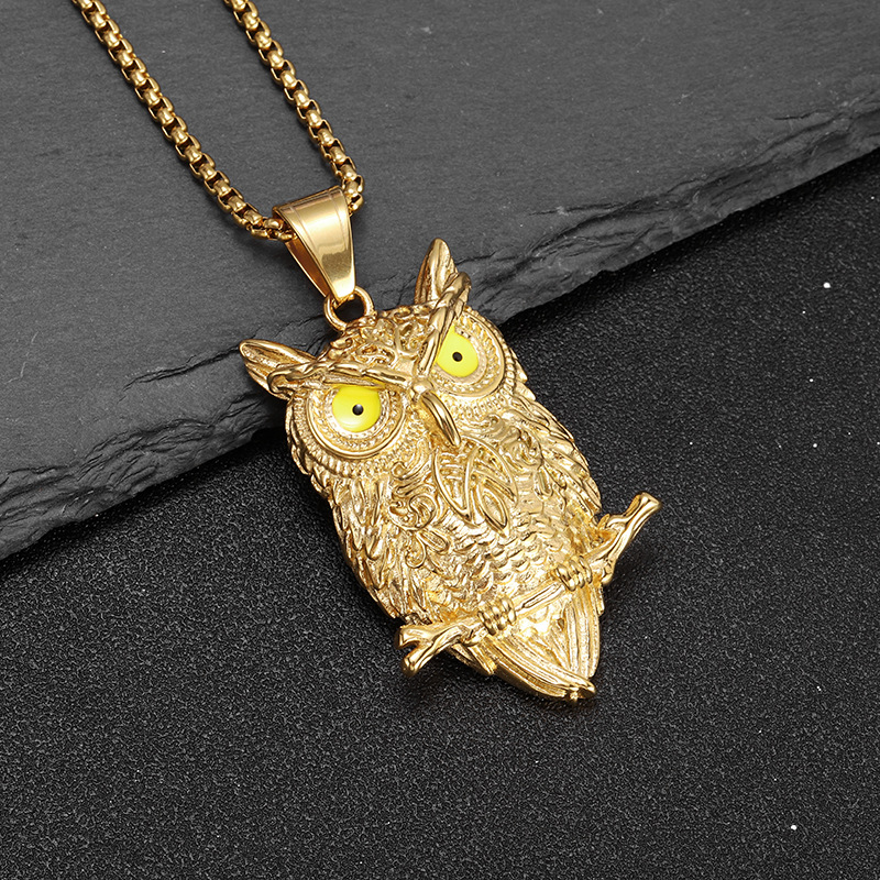Hip Hop Owl Pendant Necklace Stainless Steel 18K Gold Plated Men Boy Jewelry