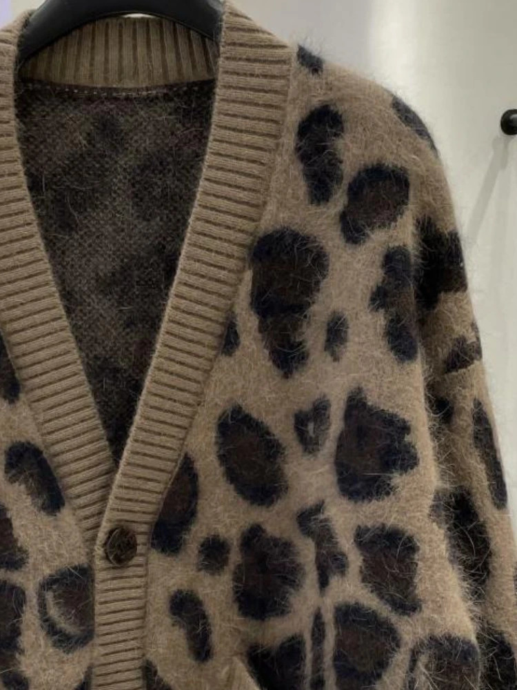Womens oversized cardigan wool sweater autumn clothing retro suede leather strapless fashion casual leopard print knitted sweater jacket handle for wo