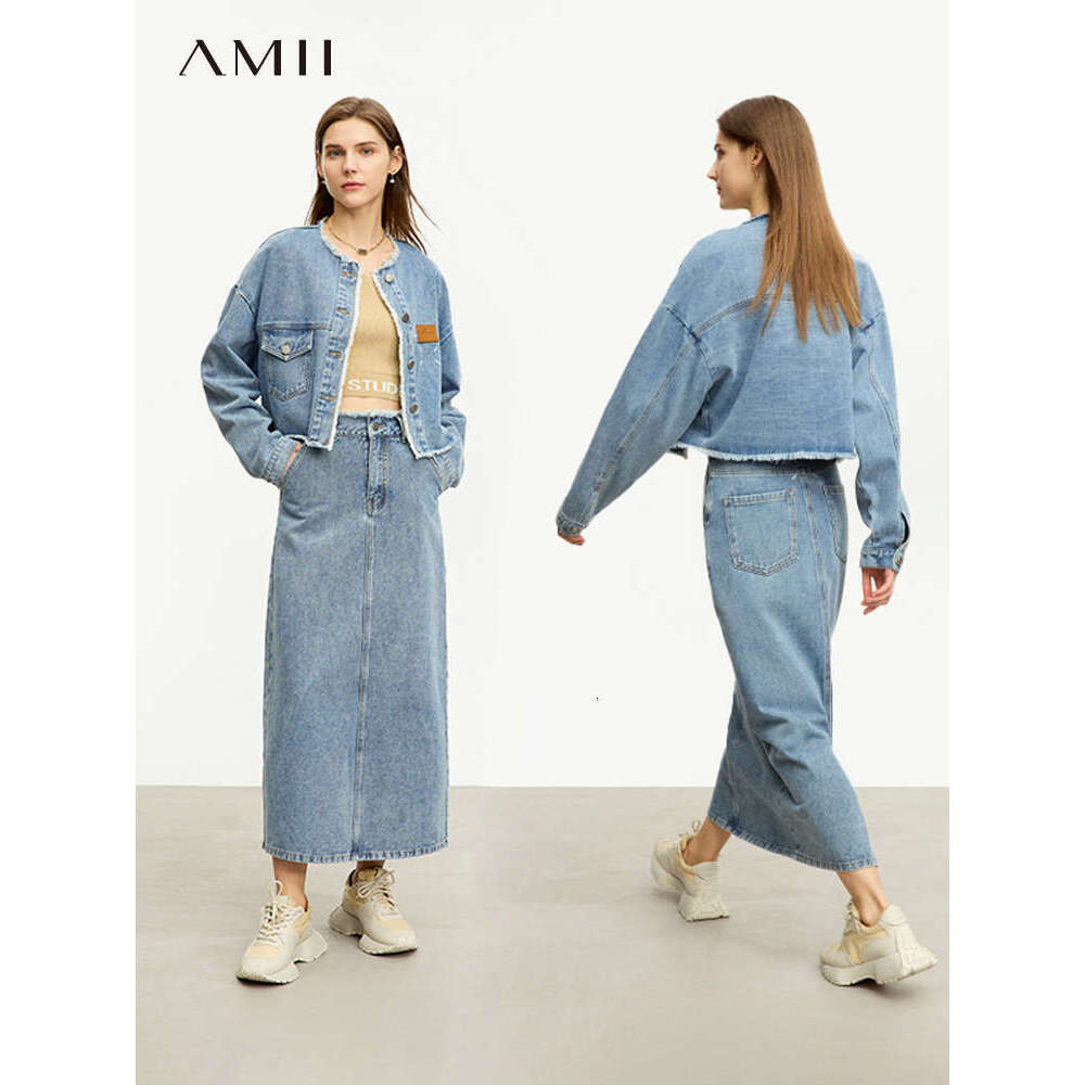 AMII Minimalist Denim Skirts For Women 2024 Autumn Jean Jacket Crew Neck Loose Coats Midi Skirt Casual Woman Clothing 12343096