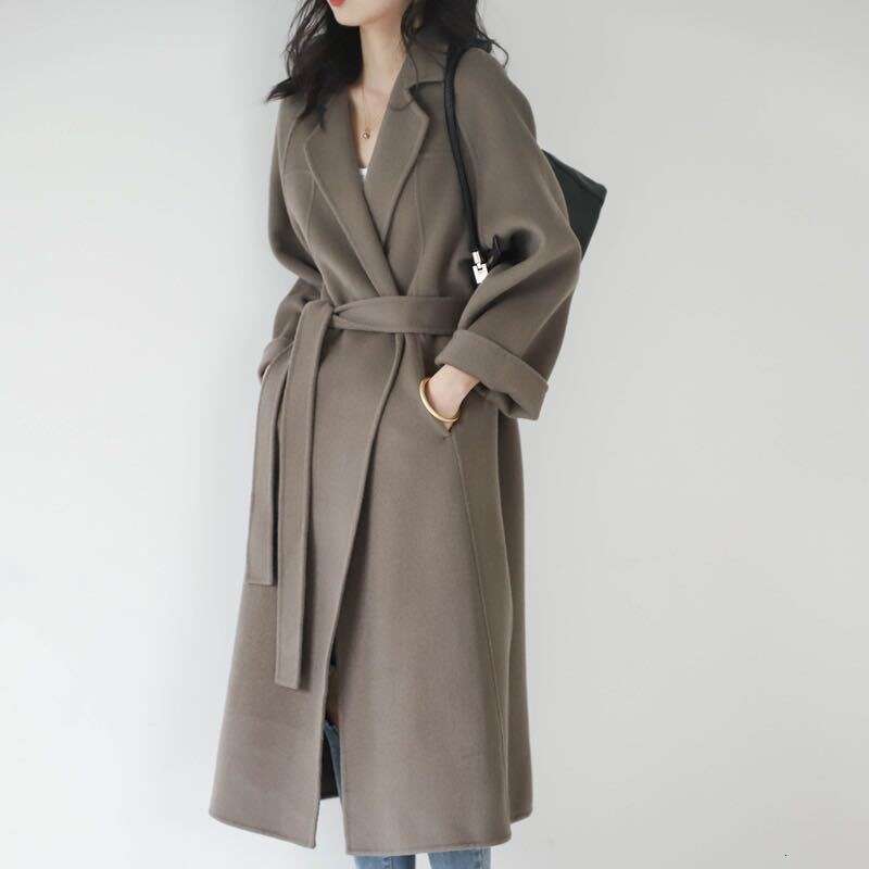 Plus Size Double Sided Woolen Overcoat Women 2021 Winter Fashion High End Long Loose Lacing Belt Black 100% Wool Coat