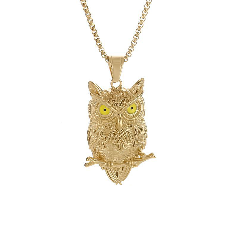 Hip Hop Owl Pendant Necklace Stainless Steel 18K Gold Plated Men Boy Jewelry