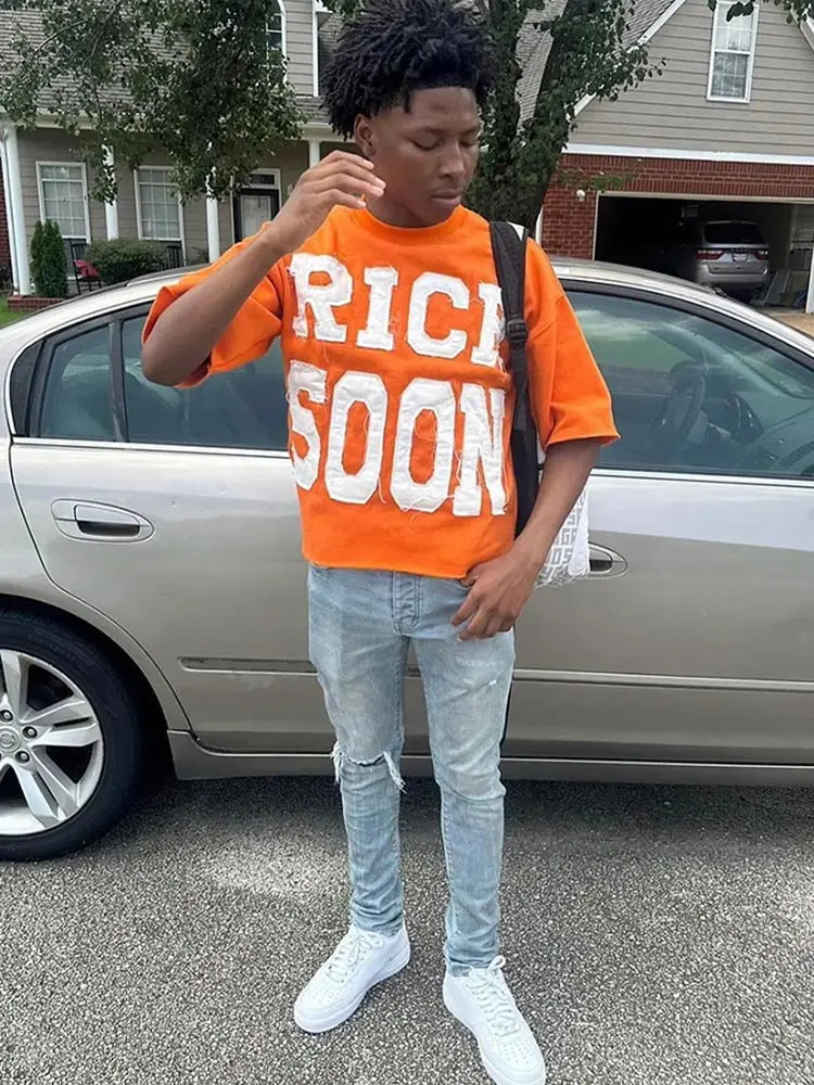 Rich Soon print O-neck mens fashionable short sleeved loose shirt top Y2k street Harajuku hip-hop casual T-shirt 241015