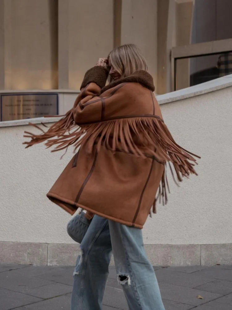 Vintage Brown Tassel Spliced Suede Lamb Wool Coats Elegant Lapel Long Sleeve Single Breasted Overcoat Autumn Winter Lady Outwear 241015