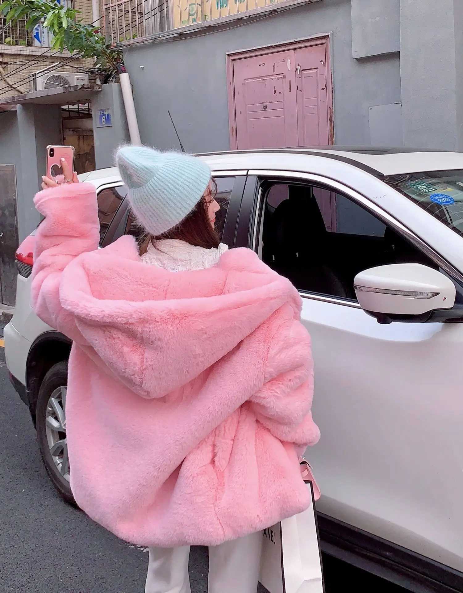 Womens Sweet Pink Fur Coat Womens Winter Thick Warm Street Clothing Korean Hooded Artificial Rabbit Fur Coat Extra Large Coat W241010