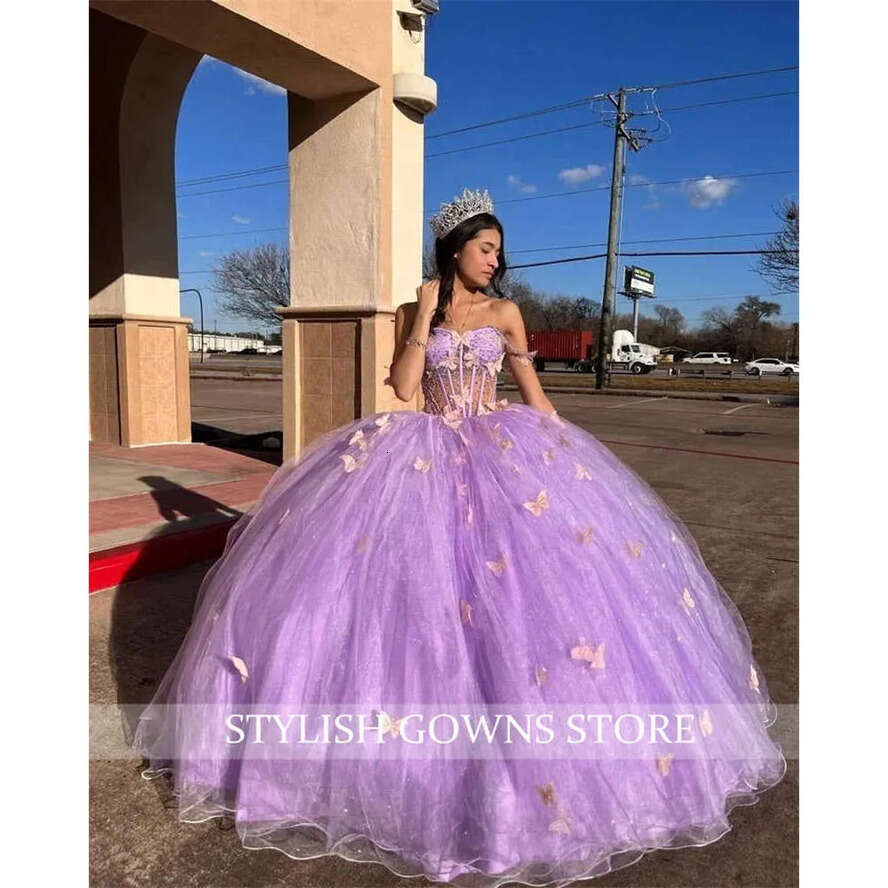 The Princess Purple Off Shoulder Ball Gown Quinceanera Dress Beaded Birthday Prom Dresses For Girl Bow Lace Up Back Graduation 0627 es